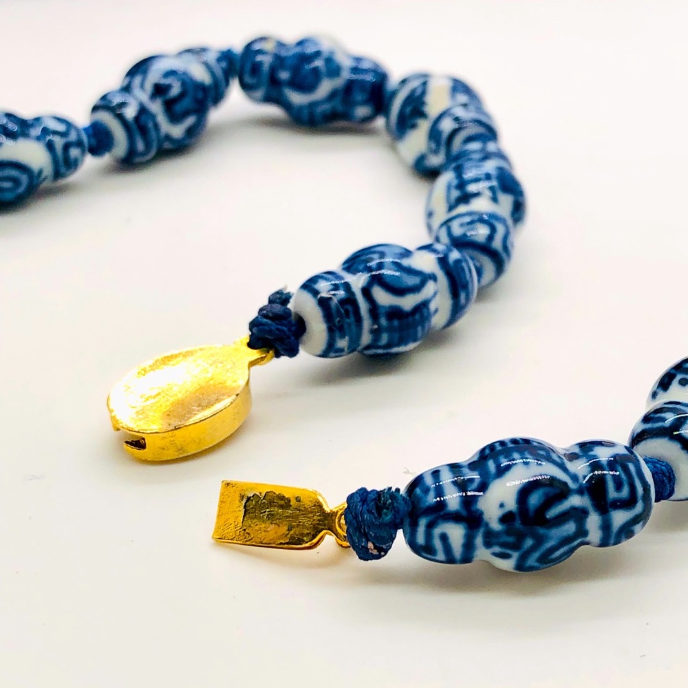 Vintage Blue And White Chinese Porcelain Bead Necklace Gem